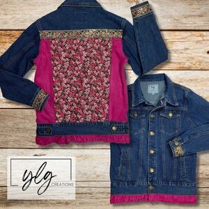 Denim Jacket Trucker Pink Black Flower Patch Embroidered Trim Faux Suede Medium